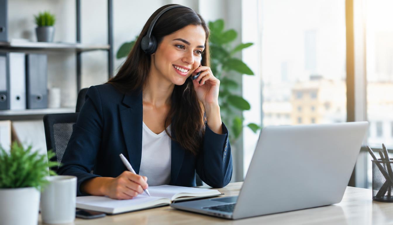 A salesperson smiling on a phone call