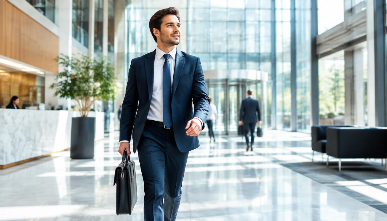 A businessperson walking through a bright office lobby